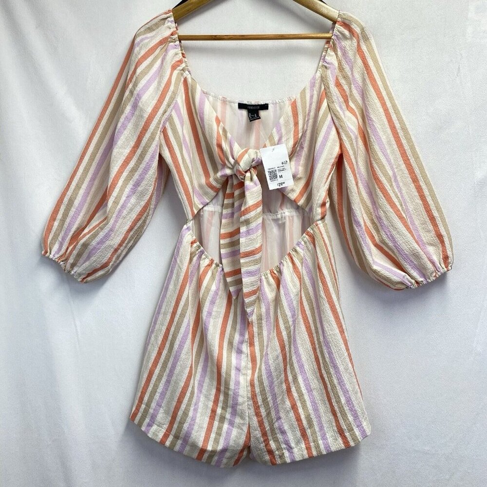 Forever 21 3/4 Puff Sleeve Front Cut Out Lined Romper Women Medium Stripes Multi